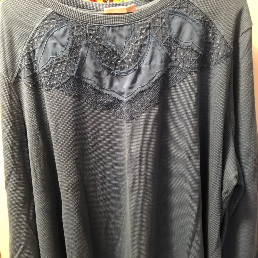 LOGO by Lori Goldstein Slate Blue Waffle Knit Sweatshirt with Lace Yoke